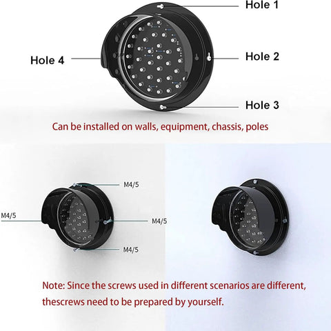 Pro Grade Twelve Volt LED Traffic Light Wall Lamp Features Sun Visor And Rock Solid Three Color Switching Design showing mounting holes and installation details.