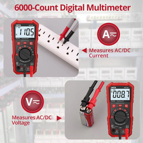 6000 Counts Auto Ranging Digital Multimeter With NCV Non Contact Voltage Tester on power strip and battery.