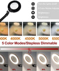 12X Magnifying Glass With Light And Stand, Hands Free 2 In 1 LED Magnifier showing five color modes and adjustable brightness