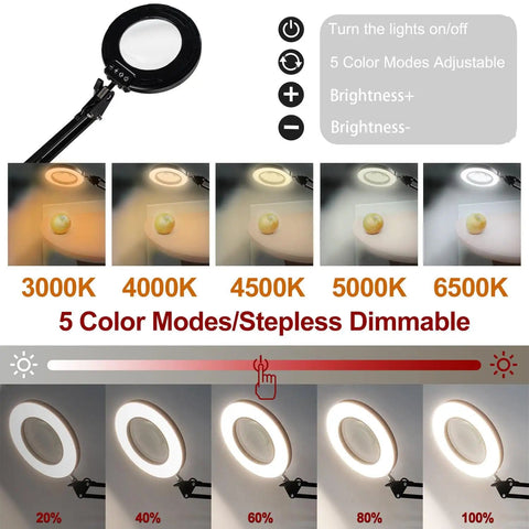 12X Magnifying Glass With Light And Stand, Hands Free 2 In 1 LED Magnifier showing five color modes and adjustable brightness