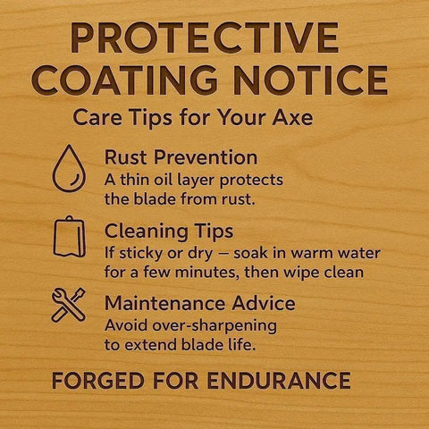 Protective coating notice with care tips for 15 Inch Survival Axe For Camping And Bushcraft With Forged High Carbon Steel Blade And Walnut Wood Handle Anti Slip Grip Built Tough For Wood Splitting Chopping And Outdoor Adventures.