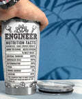 Hand holding 20 Oz Engineer Tumbler For Men Dope Stainless Steel Insulated Coffee Travel Mug Gift For Engineers with lid beside.