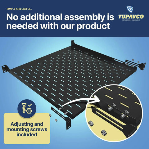 Heavy Duty 1U Server Rack Shelf 3 Pack Featuring Four Post Mount Tray Compatible With Standard 19 Inch Racks showing solid steel platform with mounting screws.
