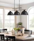 Dope 35 Inch 3 Light Modern Farmhouse Island Pendant Light With Large Dome Shades Adjustable Hanging Height Gray Oak Finish