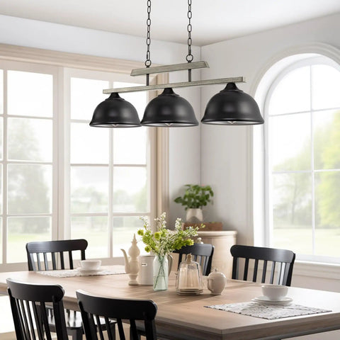 Dope 35 Inch 3 Light Modern Farmhouse Island Pendant Light With Large Dome Shades Adjustable Hanging Height Gray Oak Finish