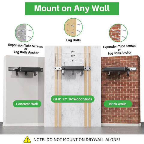 Space-Saving Bike Wall Mount Rack With Shelf And Hooks For Helmet, Shoes And Gear mounted on concrete, wood, and brick walls.