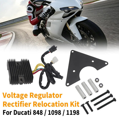 Slight correction. Rectifier Move Kit for Ducati 848 1098 with wiring loom, brackets, and bolts for easy installation.