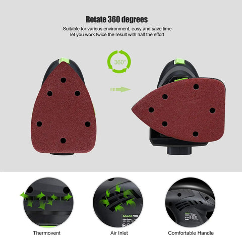 Pro Grade Electric Detail Sander With 12,000 OPM, 1.6 Amp Motor, 360 degree rotatable plate shown from top and side view