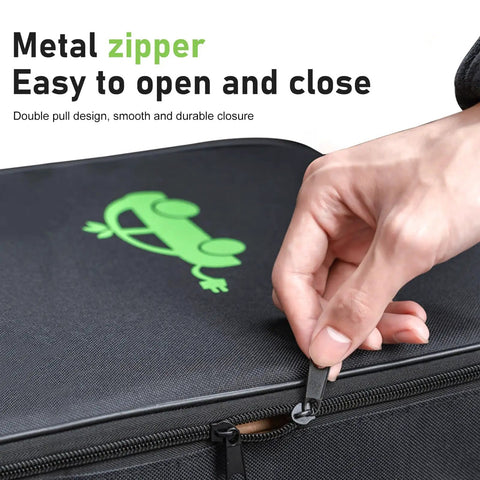 Close-up of metal zipper on Portable Electric Vehicle Charger Cable Organizer Bag featuring slick glide design for easy opening.
