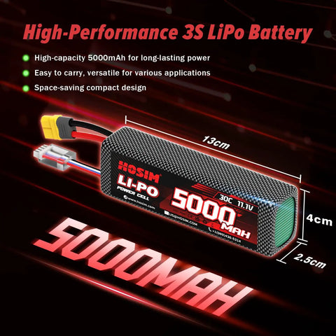 Heavy Duty 5000mAh 11.1V 30C 3S LiPo Battery With XT60 Plug For One Eighth And One Tenth RC Cars Trucks And Drones