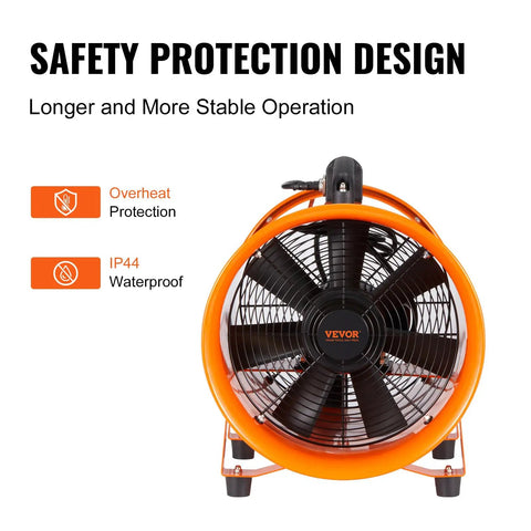 Front view of VEVOR Air Mover Blower Fan 12 Inch, 3198CFM 585W, showing safety design features in orange.
