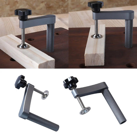 Goat Grade Bench Clamps Set For Woodworking Crews adjustable tabletop vise gripping timber securely with a grey handle.