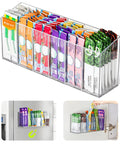 Game Changing Drink Packet Organizer With Adhesive And Magnet Mount For Fridge Cabinet Featuring Slide Out Dividers To Keep Your Kitchen Pantry Fully Loaded And Always Slick with colorful drink packets.
