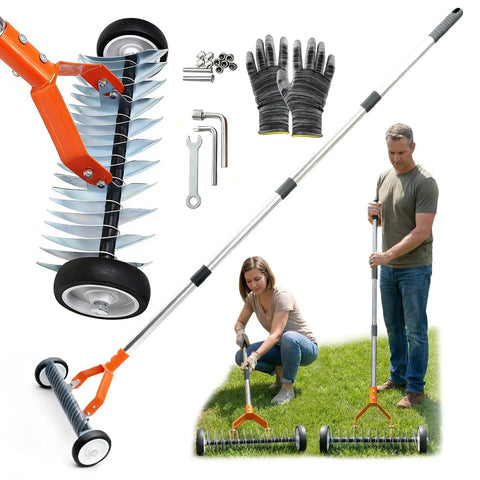 Wheeled Dethatching Rake For Lawn, 15 Inch Heavy Duty Stainless Steel Thatch Rake With Adjustable Long Handle 35 To 67 Inches