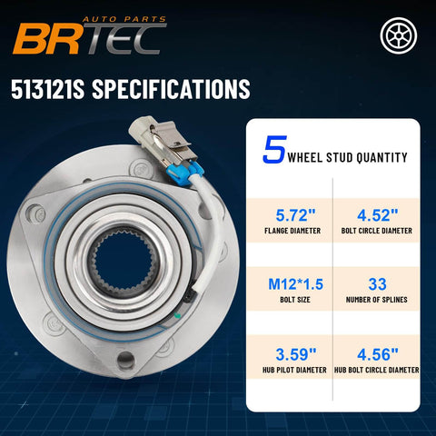 Front Wheel Hub and Bearing Assembly Pair Fit Chevy Impala Monte Carlo Uplander 5-Lug w/ABS specifications chart