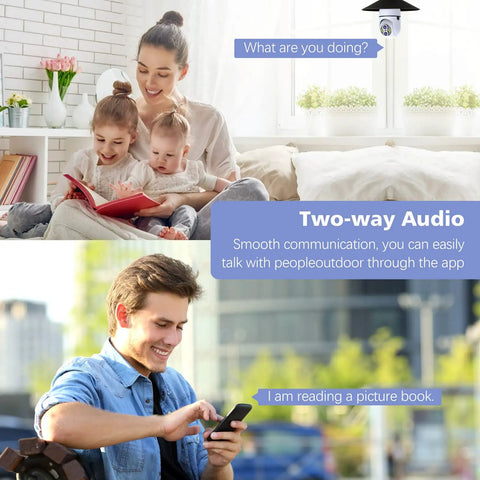 Family using Outdoor 2MP Light Bulb Security Camera Wireless 2 4G WiFi 360 Degree Light Bulb Camera With 2 Way Audio HD Night Vision Smart Motion Detection Easy Install For Home Security to communicate