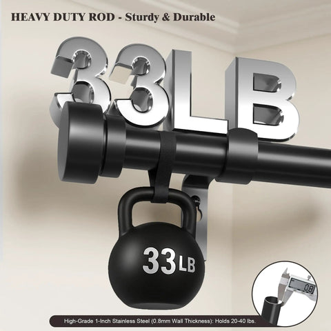 Built Tough Heavy Duty Metal Curtain Rod Set For Windows 66 To 120 Inches Adjustable 1 Inch Pole Inner Rods For Extra Strength Supports Up To 33 Pounds Ideal For Indoor Outdoor Use In Living Room Kitchen showing 33lb weight test with diagram