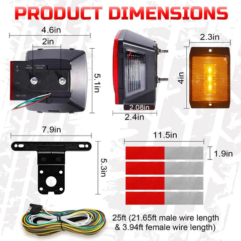 12V Submersible LED Trailer Light Kit dimensions and components overview.