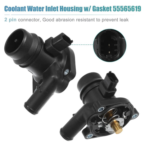 Tough Aluminum Engine Water Pump And Thermostat Housing Assembly With Gasket Easy Bolt On Swap Direct Fit For Chevy Cruze Sonic Trax And Buick Encore 2011 Through 2021 with 2 pin connector.