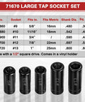 Five Piece Heavy Duty Tap Socket Set Fits 5/8 To 1 Inch Taps, 1/2 Inch Drive Adapter, arranged with measurement chart