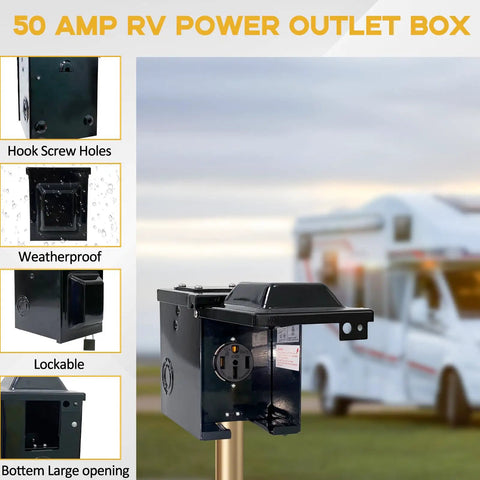Waterproof Lockable Enclosed Power Panel Box With 50 Amp 125 250V RV 14 50R Outlet in outdoor RV setting