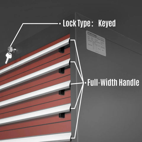 Close-up of left side of Beefy Heavy Duty Modular Drawer Cabinet With 11 Drawers showing keyed lock and full-width handle.
