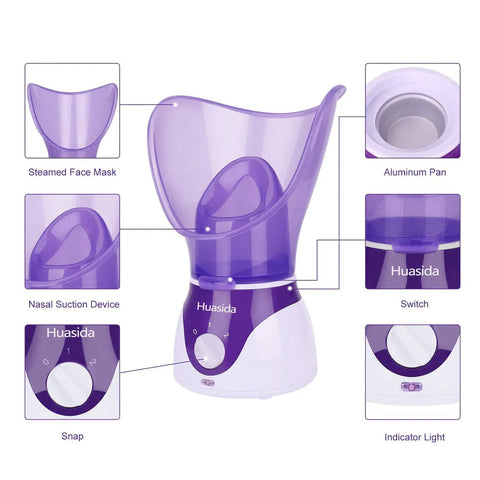 At Home Spa Facial Steamer for Deep Hydration and Open Pores, warm mist inhaler with components labeled, purple unit.