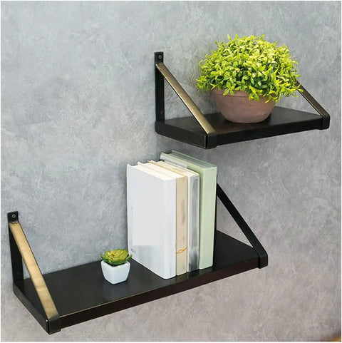 Steel Corner Bracket Wall Mounted Shelf Support Triangular Iron Brackets Set Of Two Black Metal Rack keeps books and plants on wall shelves.