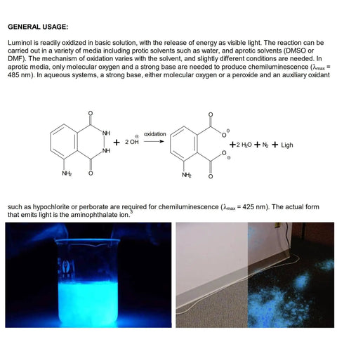 Chemical formula and glowing blue chemiluminescence demonstration using 6 Grams Luminol Powder For 16 Oz Solution Lab Grade