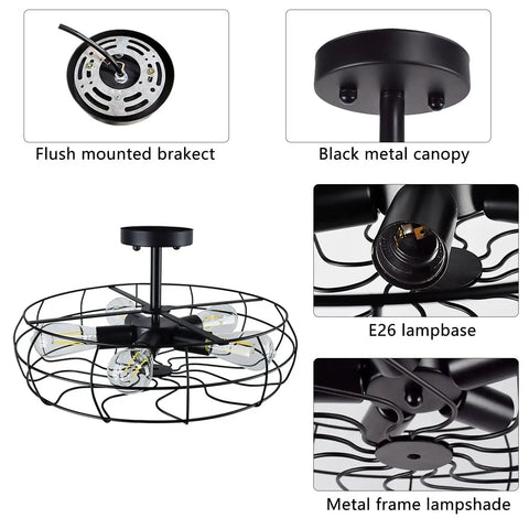 Five Light Industrial Ceiling Light With Rustic Wire Cage In Oil Rubbed Bronze Farmhouse Semi Flush Mount Black Retro Close To Ceiling Fixture details showing bracket, canopy, and lampbase.