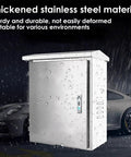 Rugged Outdoor Ev Charger Pedestal Box Floor Mounted With Heavy Duty Stainless Shield and Secure Key Lock in the rain.