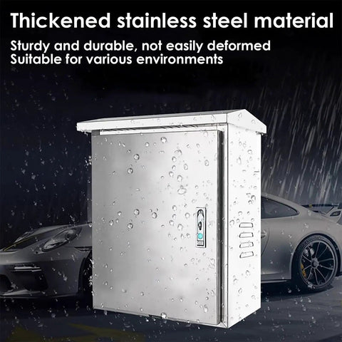 Rugged Outdoor Ev Charger Pedestal Box Floor Mounted With Heavy Duty Stainless Shield and Secure Key Lock in the rain.