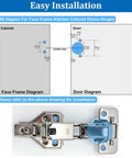 Diagram and image of 2 Pack 180 Degree Concealed Hydraulic Cabinet Hinges With 3D Adjustable Clip On Plates For Face Frame Kitchen Doors Soft Close And Silent Operation Full Overlay Durable Steel Construction Easy No Fuss Installation In Corner Cabinets And Pantry Storage
