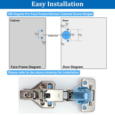 Diagram and image of 2 Pack 180 Degree Concealed Hydraulic Cabinet Hinges With 3D Adjustable Clip On Plates For Face Frame Kitchen Doors Soft Close And Silent Operation Full Overlay Durable Steel Construction Easy No Fuss Installation In Corner Cabinets And Pantry Storage