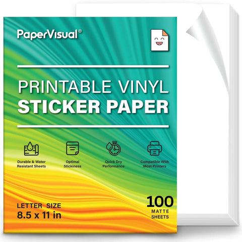 PaperVisual printable vinyl sticker paper, 100 white matte sheets, 8.5 x 11 in