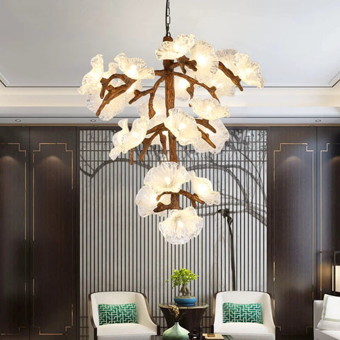 Tree Branch Ceiling Pendant Light Straight Up Fresh Statement Chandelier Top Shelf Adjustable Hanging Lamp in living room with natural decor.