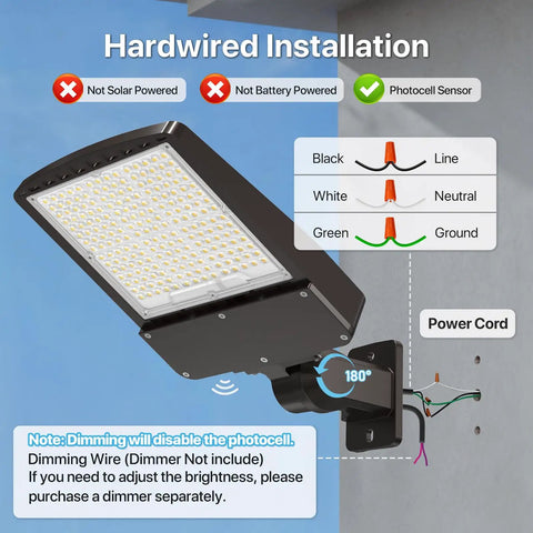 200W Parking Lot Light With 30,000 Lumens UL Listed 5000K Daylight Glow Adjustable Wall Mount diagram showing wiring details.