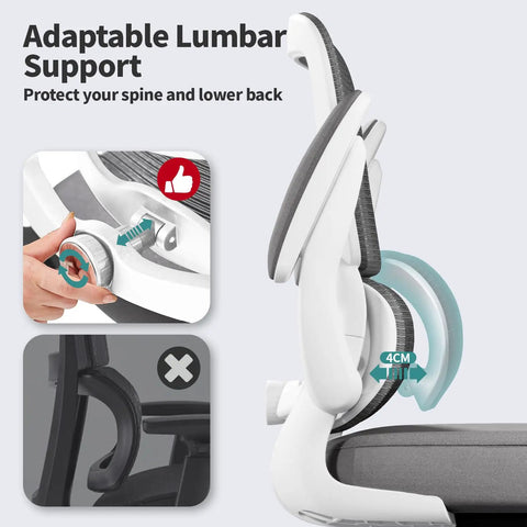 Ergonomic Mesh Office Chair With Adjustable Lumbar Support, white finish, showing adaptable lumbar support feature close-up.