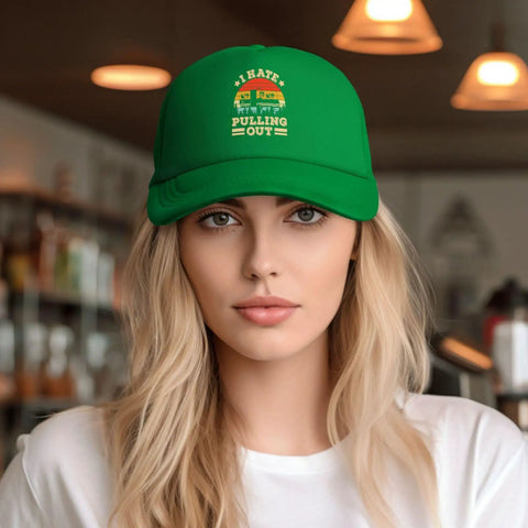 Dope Funny Camper RV And Trailer Trucker Hat Mesh Baseball Cap in green, worn by woman, lightweight polyester blend for camping.