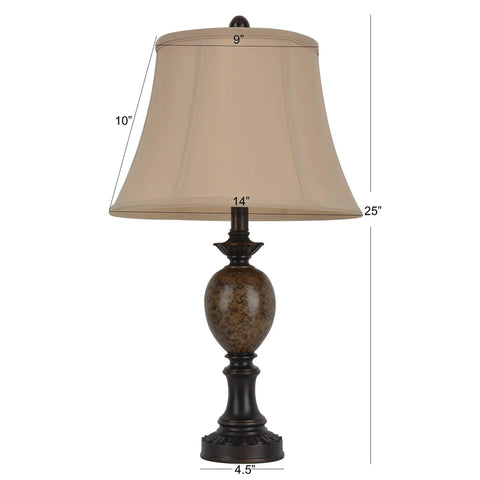 Resin and Marble Table Lamp in Bronze Finish With Round Taupe Beige Softback Shade Three Way Light for Bedside Desk