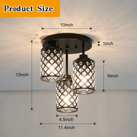 Black Crystal Chandelier Three Light Semi Flush Mount Ceiling Fixture With Metal Grid Shade showing size dimensions.