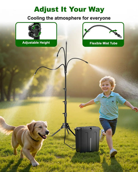 Cordless Portable Misting System with Stand, 9L Tank, 10000mAh Battery for Outdoor Cooling, showing mist in use