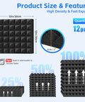 DIY Friendly Black Acoustic Foam Panels Twelve Inch Peel And Stick Sound Dampening Tiles displayed with dimensions and recovery tips.