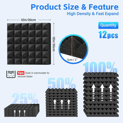 DIY Friendly Black Acoustic Foam Panels Twelve Inch Peel And Stick Sound Dampening Tiles displayed with dimensions and recovery tips.