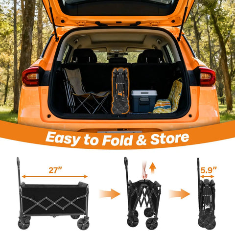 One Second Fold Collapsible Utility Wagon Cart With Wheels Portable 360 Pound Capacity foldable and stored in car trunk