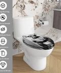 Elongated Resin Toilet Seat, Bathroom, featuring a black and white design on a standard toilet, easy to clean with ergonomic fit.