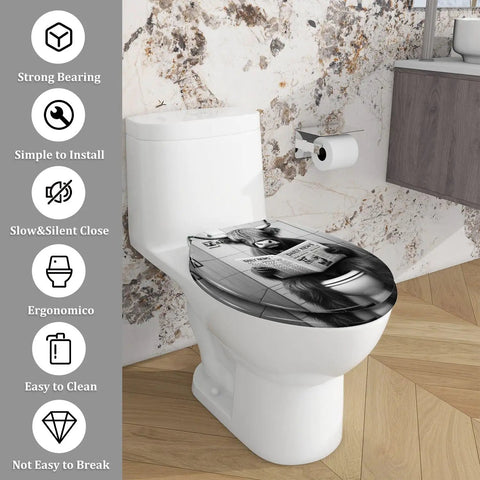 Elongated Resin Toilet Seat, Bathroom, featuring a black and white design on a standard toilet, easy to clean with ergonomic fit.