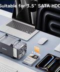 Four Bay Sata Enclosure Runs Slick With Quiet Cooling Fan And Usb A And C Cables on desk with 3.5" SATA HDD.