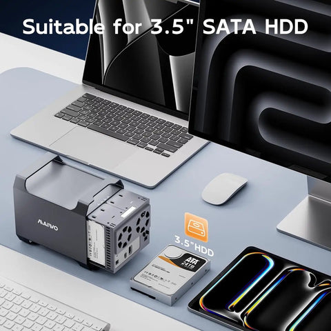 Four Bay Sata Enclosure Runs Slick With Quiet Cooling Fan And Usb A And C Cables on desk with 3.5" SATA HDD.