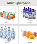 Clear plastic storage bins ideal for toys, snacks, drinks, and fruits, showcasing versatility for pantry and cabinet use.